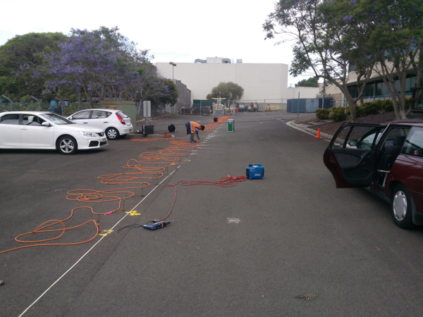 The resitivity line layed out across the carpark.