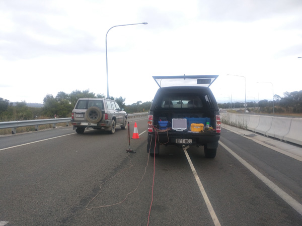 The Geode, computer and auxillary cables were set up in the back of a ute. The MASW array was towed behind the same vehicle.